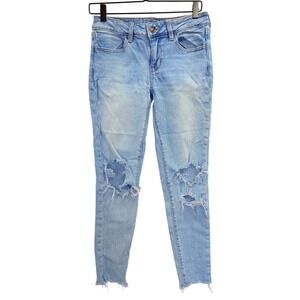 American Eagle Super Stretch Skinny Jeans Light Wash Distressed Ripped Hem 4 Reg